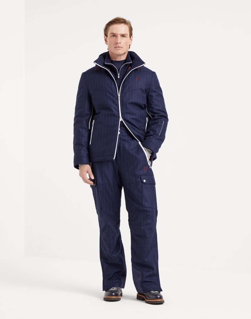 BRUNELLO CUCINELLI MEN'S BLUE PINSTRIPE WOOL CARGO TROUSERS