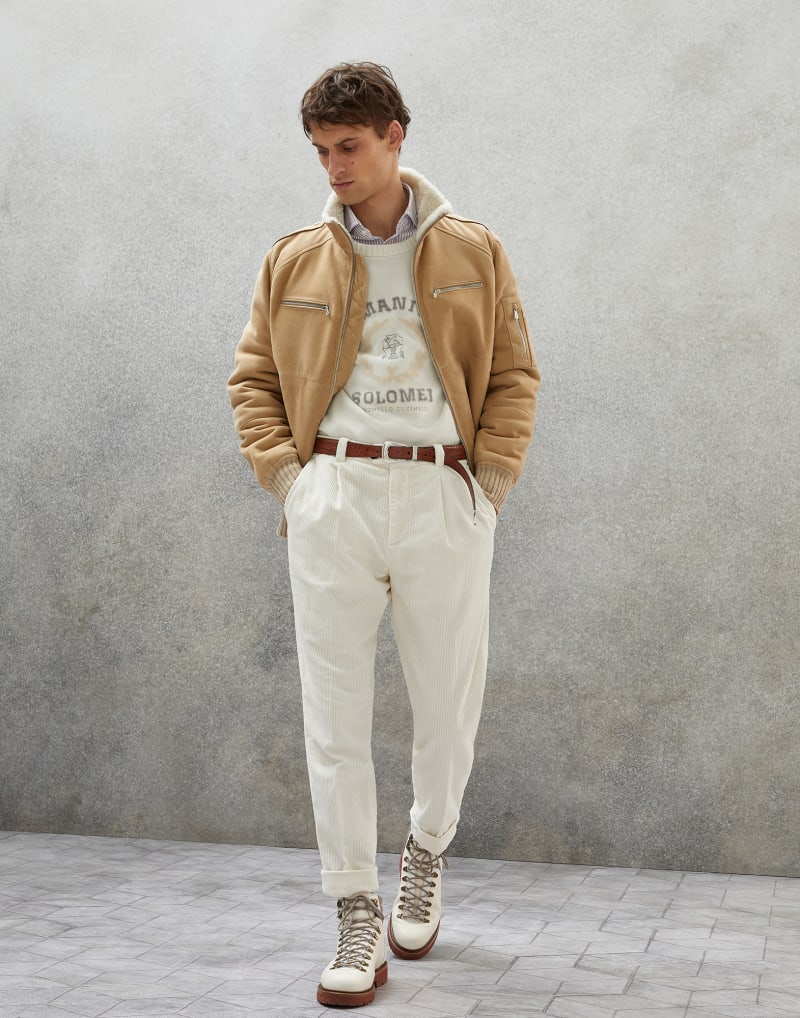 BRUNELLO CUCINELLI MEN'S OFF WHITE COTTON PLEATED TROUSERS