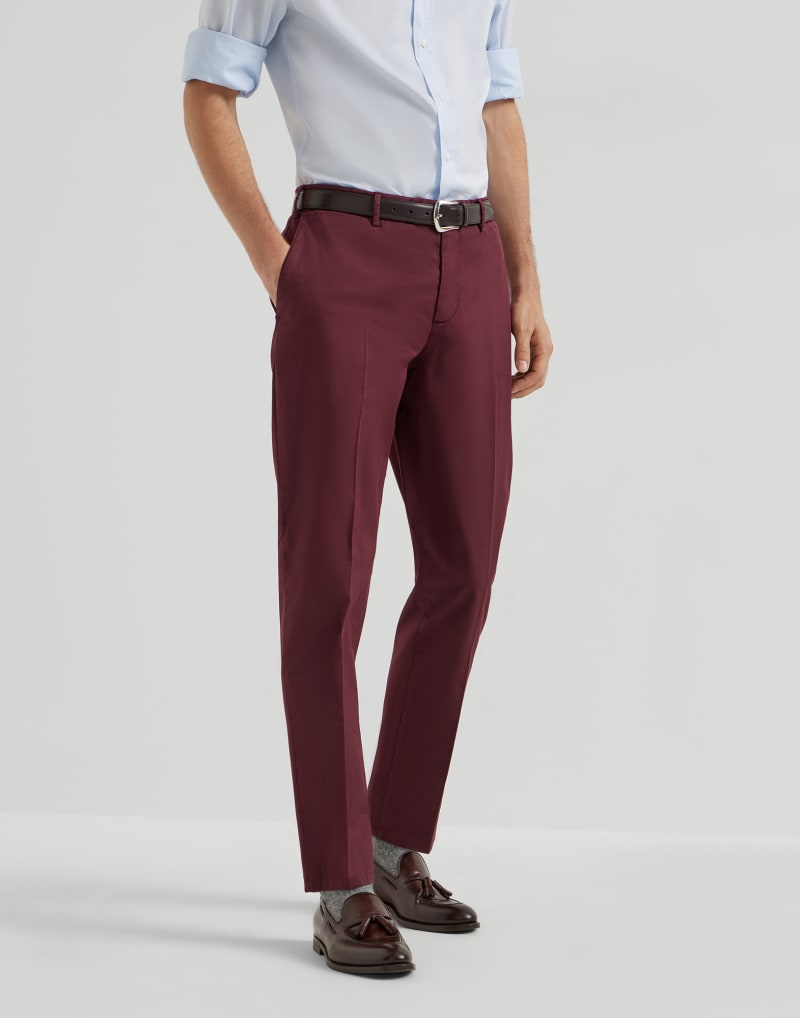 BRUNELLO CUCINELLI MEN'S AMARANTH COTTON STRAIGHT LEG TROUSERS