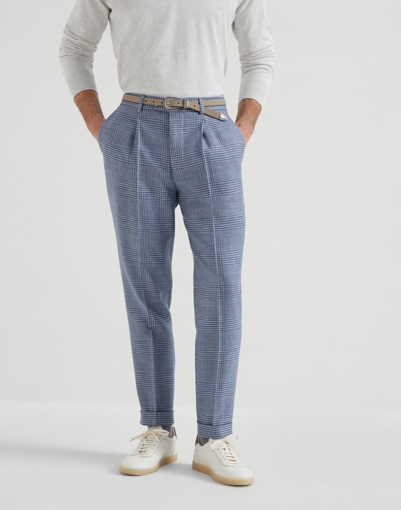 BRUNELLO CUCINELLI MEN'S CLOUD WOOL SILK LINEN CHECKED TROUSERS