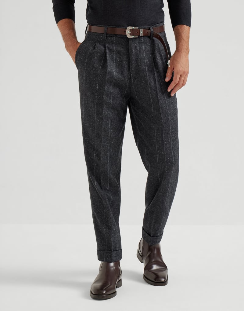 BRUNELLO CUCINELLI MEN'S ANTHRACITE WOOL SILK PINSTRIPE TROUSERS