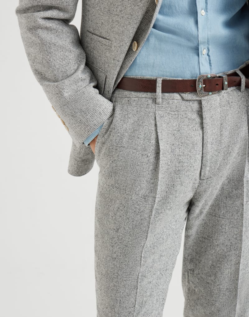 BRUNELLO CUCINELLI MEN'S LIGHT GREY SILK WOOL BLEND PLEATED TROUSERS