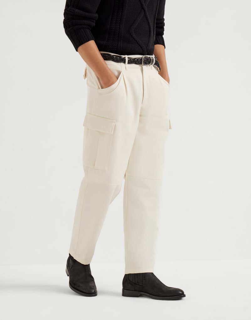 BRUNELLO CUCINELLI MEN'S ENGLISH WHITE WOOL COTTON CARGO PANTS