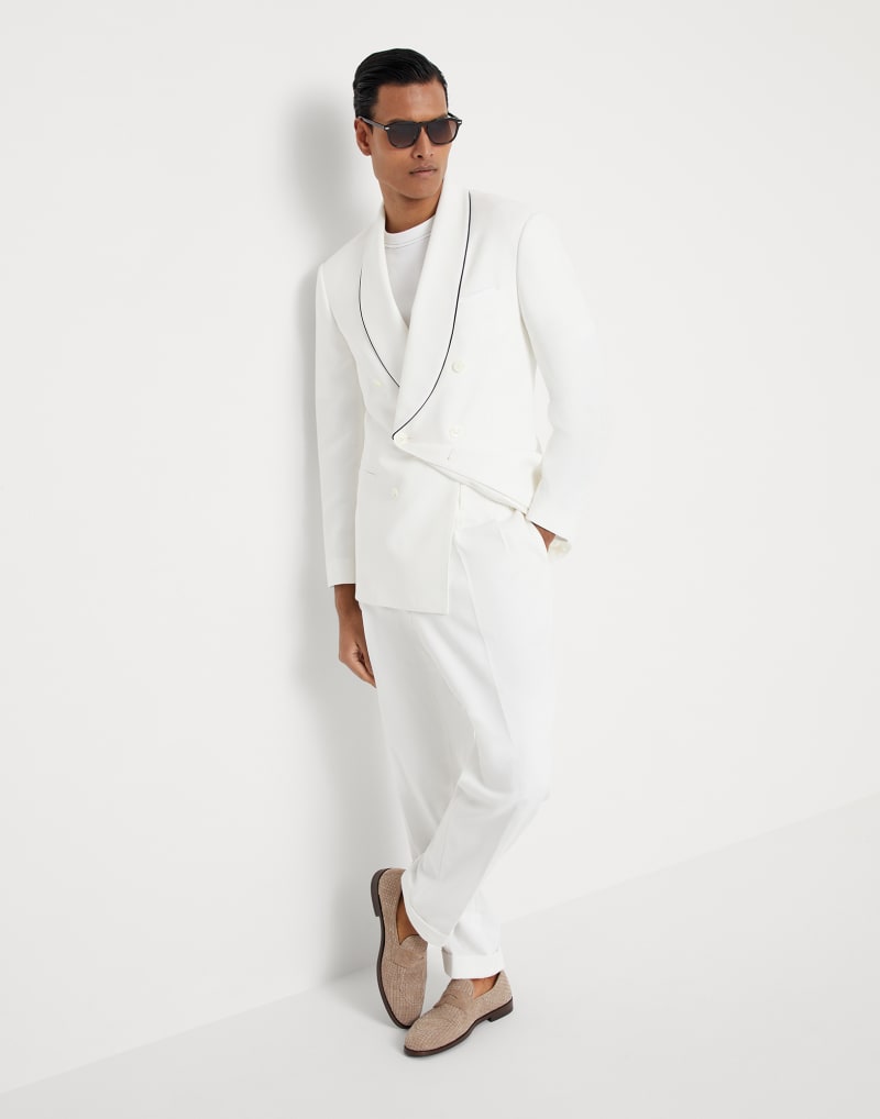 BRUNELLO CUCINELLI MEN'S OFF WHITE COTTON PLEATED TROUSERS