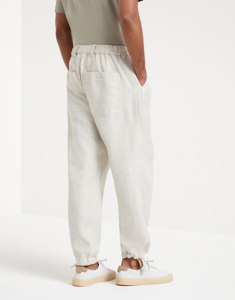 BRUNELLO CUCINELLI MEN'S ECRU LINEN WOOL BLEND RELAXED TROUSERS