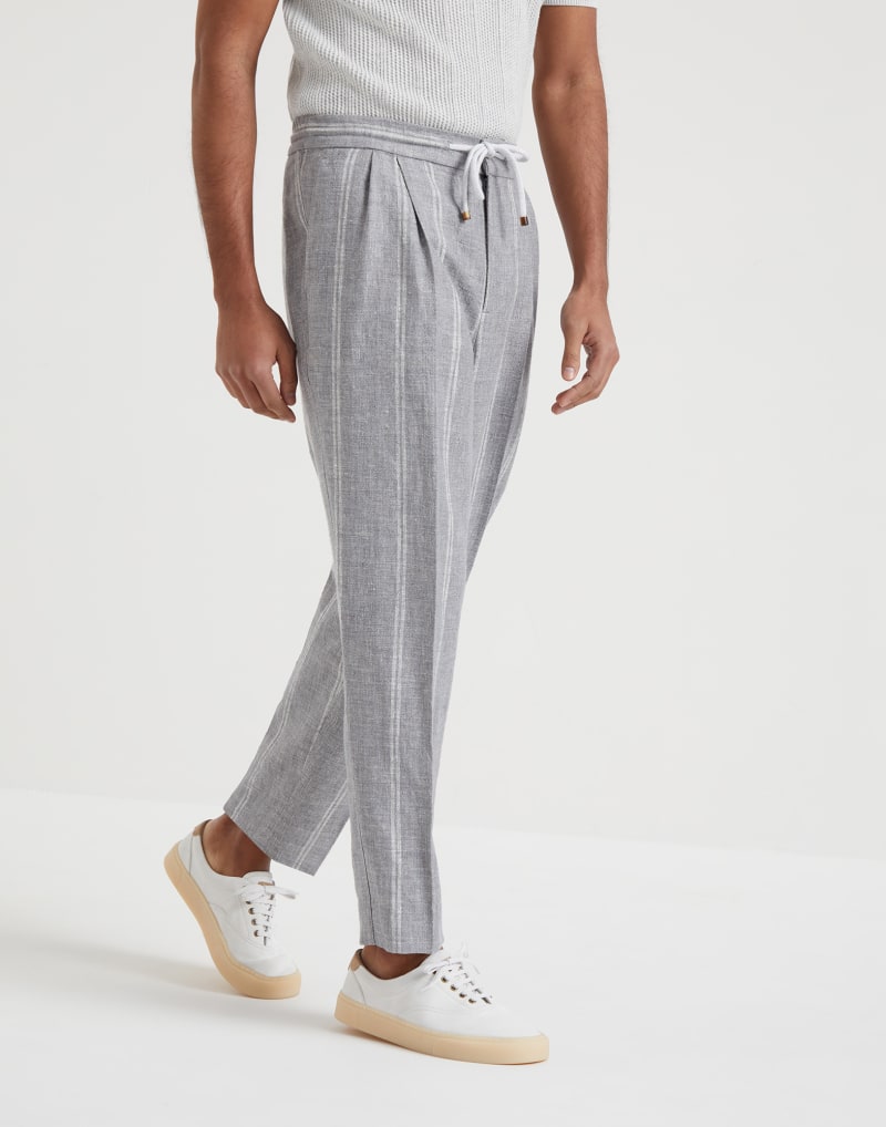 BRUNELLO CUCINELLI MEN'S GREY LINEN WOOL BLEND STRIPED TROUSERS