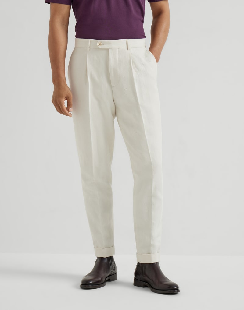 BRUNELLO CUCINELLI MEN'S ENGLISH WHITE COTTON LINEN TROUSERS