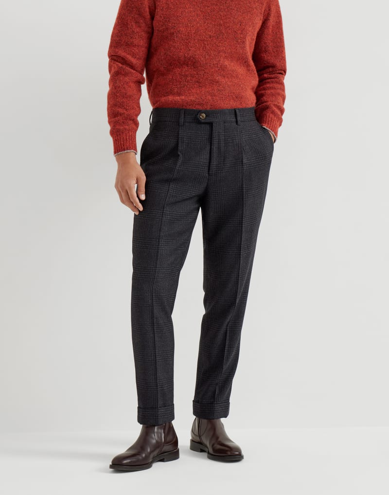 BRUNELLO CUCINELLI MEN'S ANTHRACITE WOOL SILK CHECKED TROUSERS