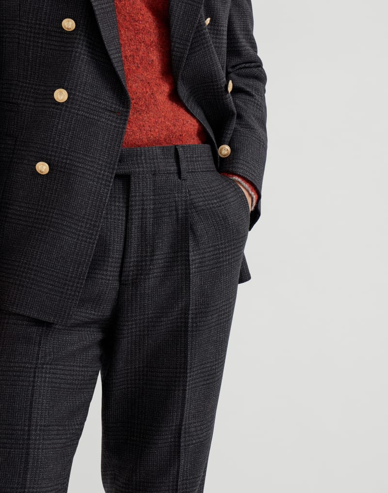 BRUNELLO CUCINELLI MEN'S ANTHRACITE WOOL SILK CHECKED TROUSERS