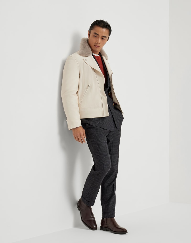 BRUNELLO CUCINELLI MEN'S ANTHRACITE WOOL SILK CHECKED TROUSERS