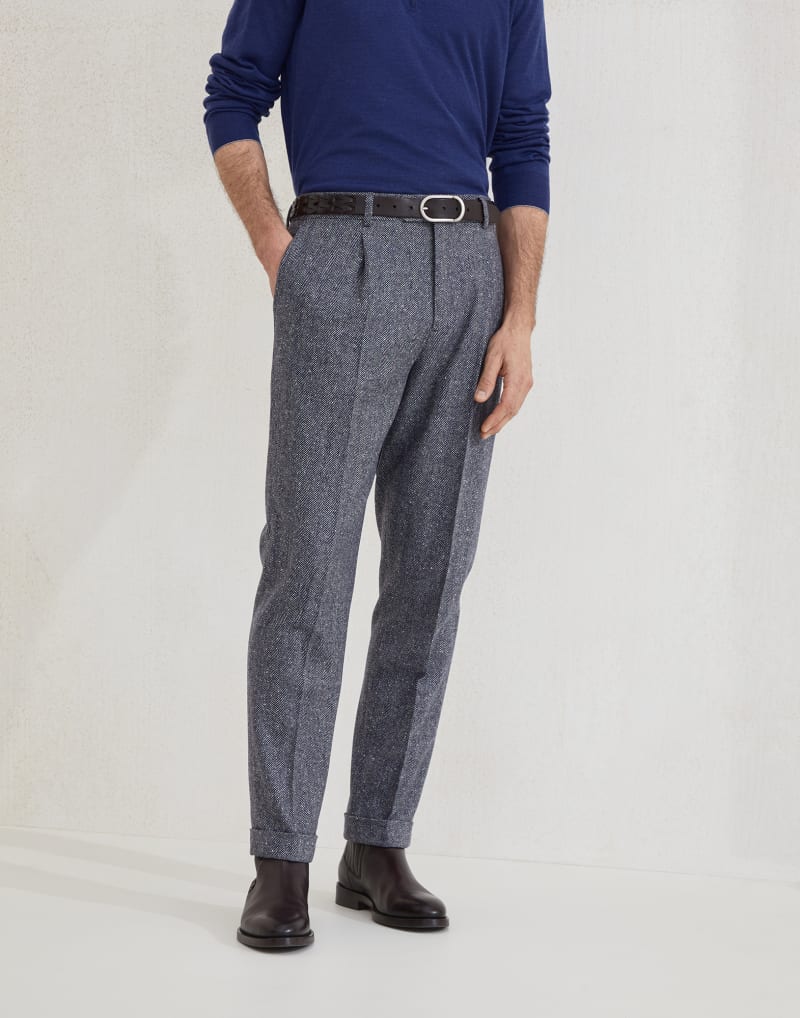 BRUNELLO CUCINELLI MEN'S NAVY WOOL PLEATED TROUSERS