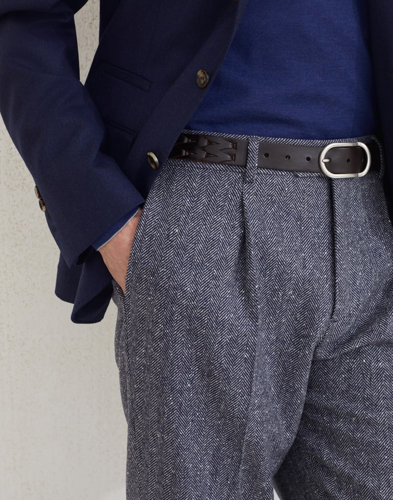 BRUNELLO CUCINELLI MEN'S NAVY WOOL PLEATED TROUSERS
