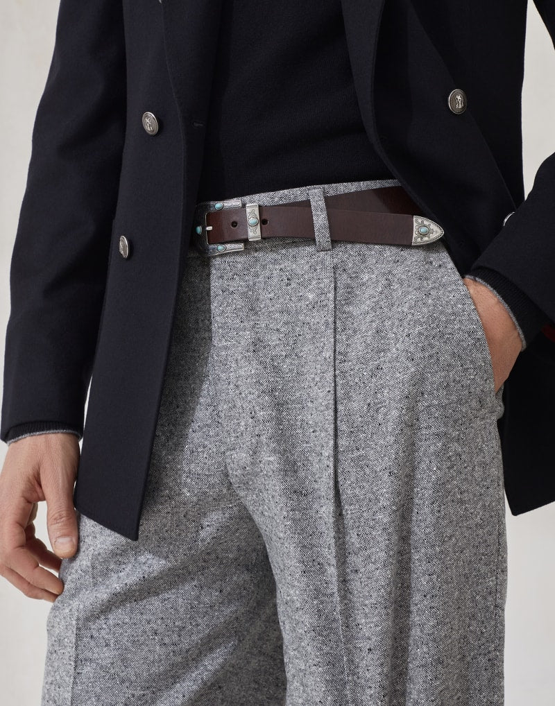 BRUNELLO CUCINELLI MEN'S MEDIUM GREY WOOL PLEATED TROUSERS