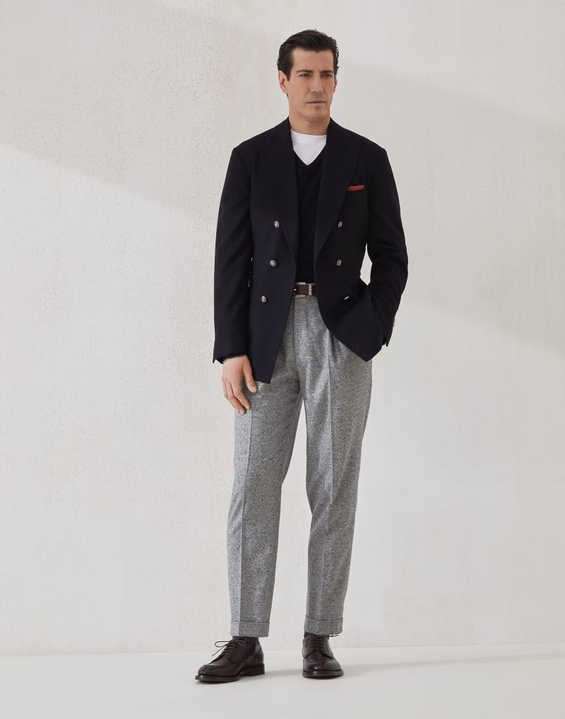 BRUNELLO CUCINELLI MEN'S MEDIUM GREY WOOL PLEATED TROUSERS