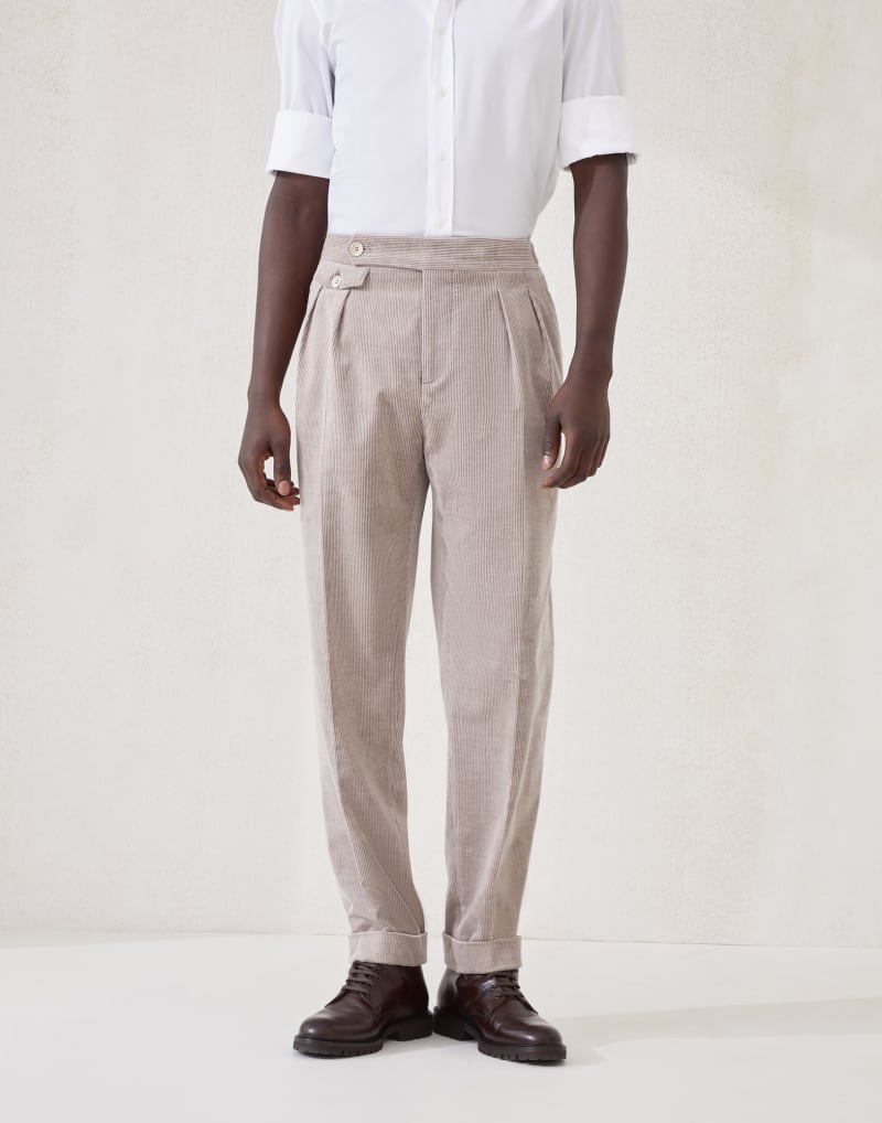 BRUNELLO CUCINELLI MEN'S BARK COTTON WOOL BLEND PLEATED TROUSERS