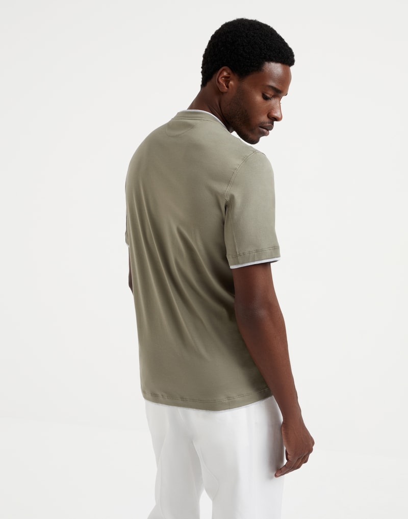 BRUNELLO CUCINELLI MEN'S OLIVE AND LIGHT GREY COTTON CREWNECK SHIRT