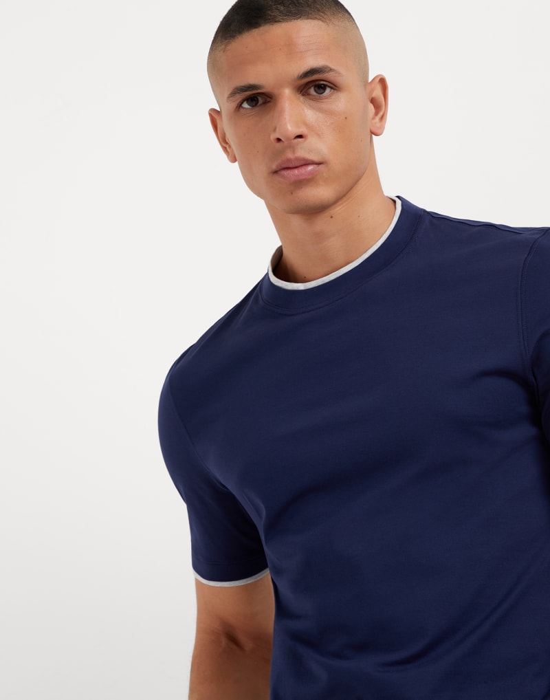 BRUNELLO CUCINELLI MEN'S INDIGO BLUE COTTON CREW NECK SHIRT