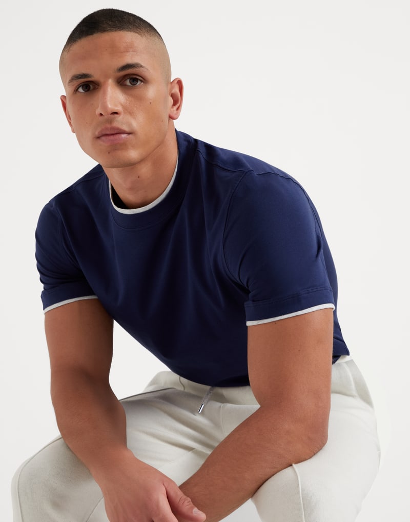 BRUNELLO CUCINELLI MEN'S INDIGO BLUE COTTON CREW NECK SHIRT