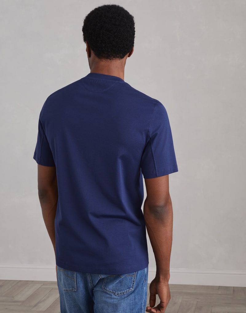BRUNELLO CUCINELLI MEN'S INDIGO BLUE COTTON GRAPHIC CREWNECK SHIRT