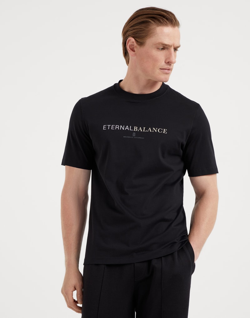 BRUNELLO CUCINELLI MEN'S BLACK COTTON GRAPHIC PRINT CREW NECK SHIRT