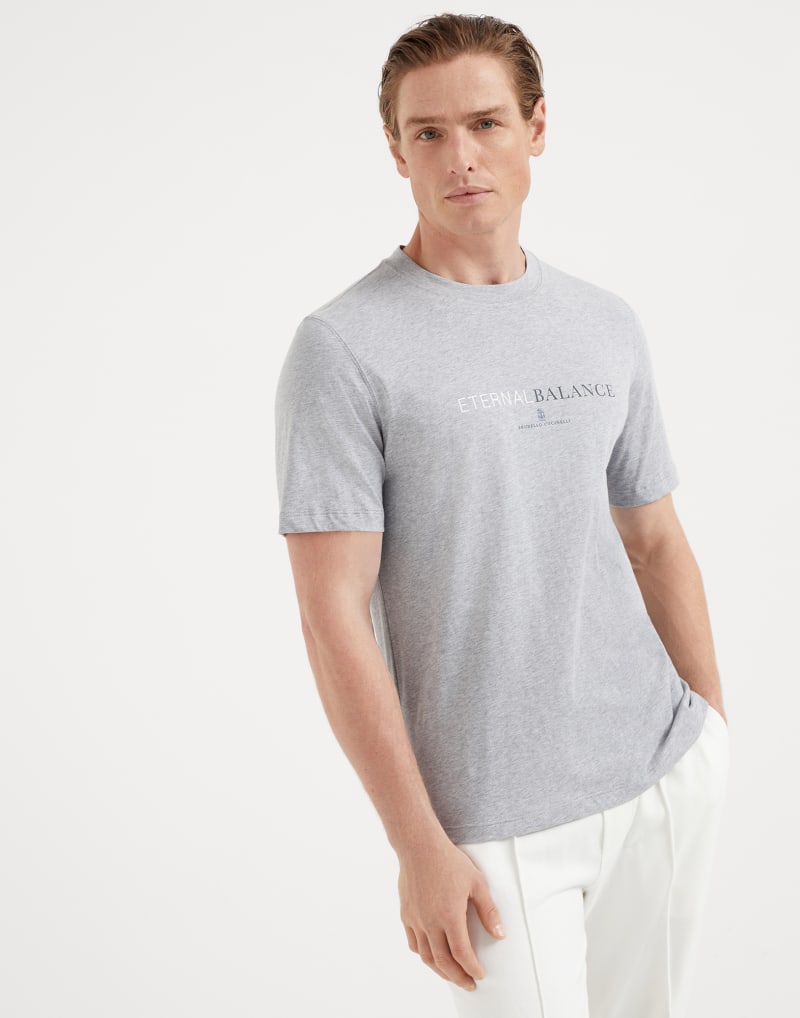 BRUNELLO CUCINELLI MEN'S GREY LOGO PRINT COTTON CREW NECK SHIRT