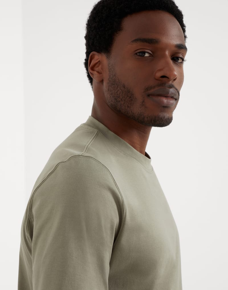 BRUNELLO CUCINELLI MEN'S OLIVE GREY COTTON SHORT SLEEVE SHIRT