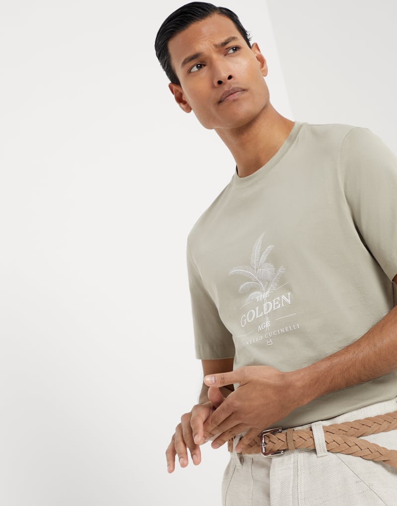 BRUNELLO CUCINELLI MEN'S JACKFRUIT COTTON GRAPHIC CREW NECK SHIRT
