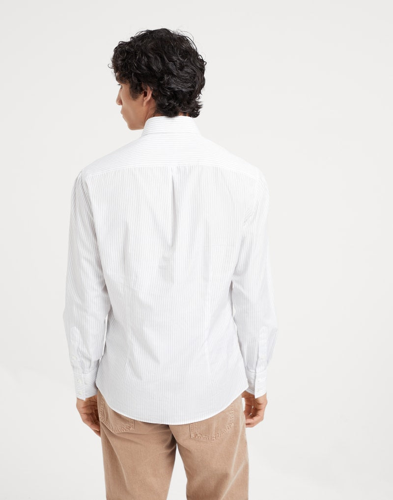 BRUNELLO CUCINELLI MEN'S WHITE STRIPED COTTON BUTTON DOWN SHIRT