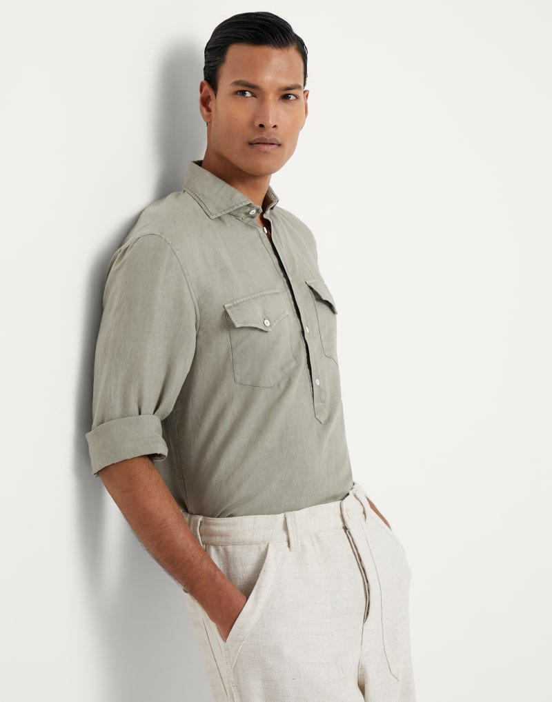 BRUNELLO CUCINELLI MEN'S SAGE LINEN COTTON SHIRT