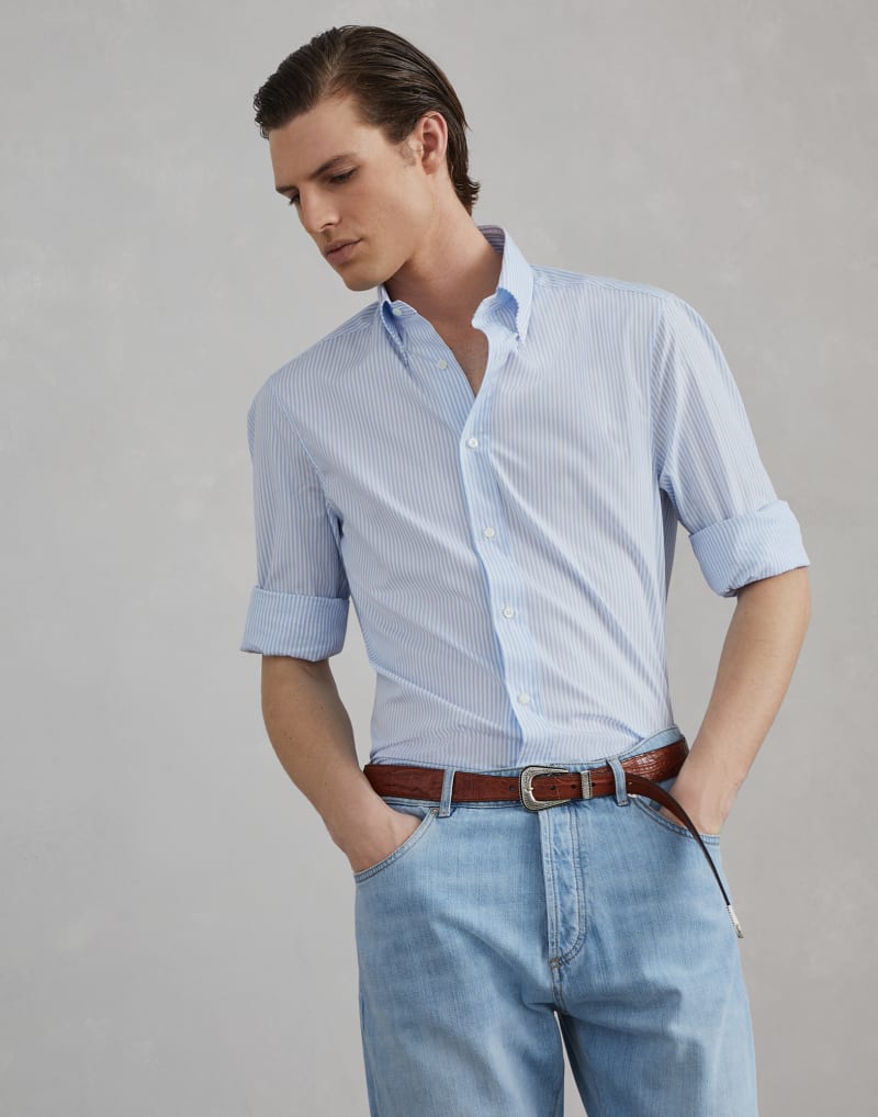BRUNELLO CUCINELLI MEN'S CELESTE STRIPED COTTON BUTTON DOWN SHIRT