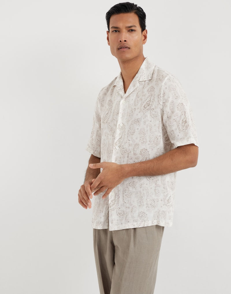BRUNELLO CUCINELLI MEN'S BROWN SAGE LINEN SHORT SLEEVE SHIRT