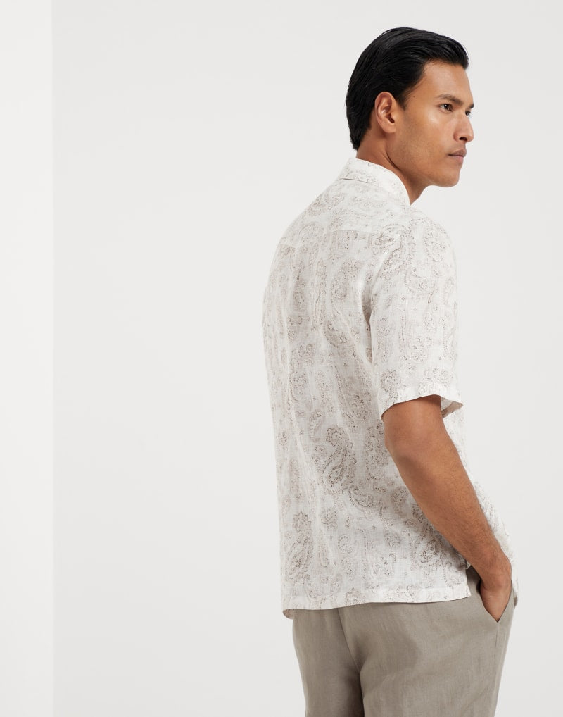 BRUNELLO CUCINELLI MEN'S BROWN SAGE LINEN SHORT SLEEVE SHIRT