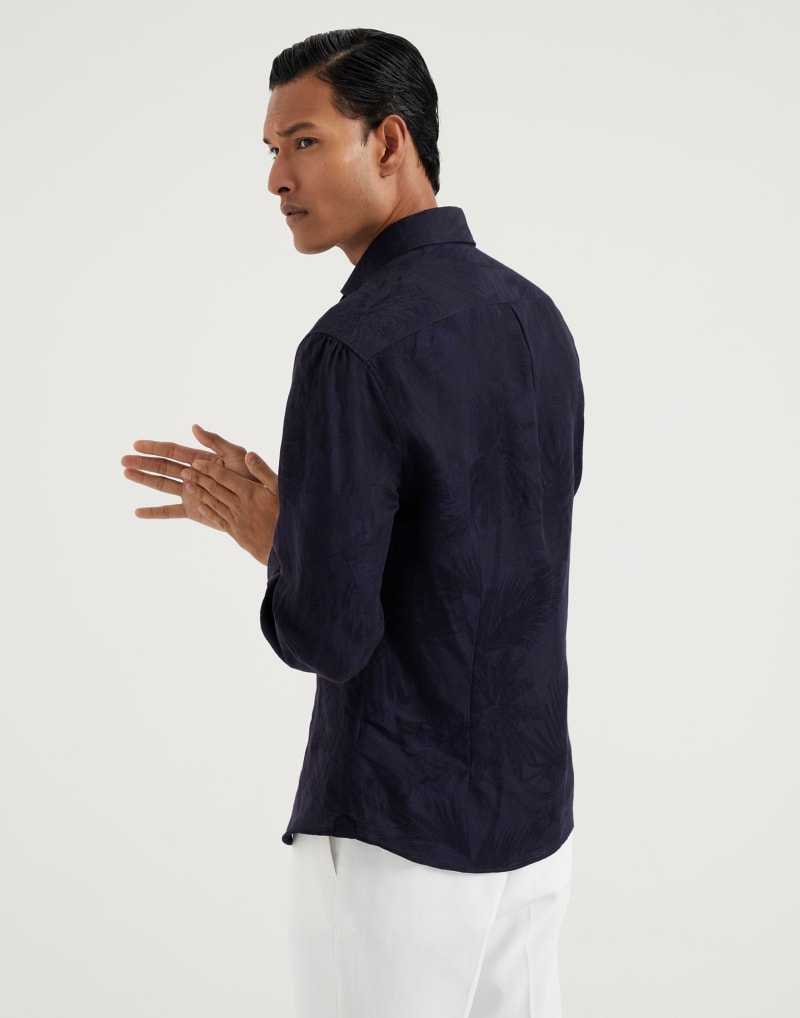 BRUNELLO CUCINELLI MEN'S NAVY COTTON LINEN JACQUARD SHIRT
