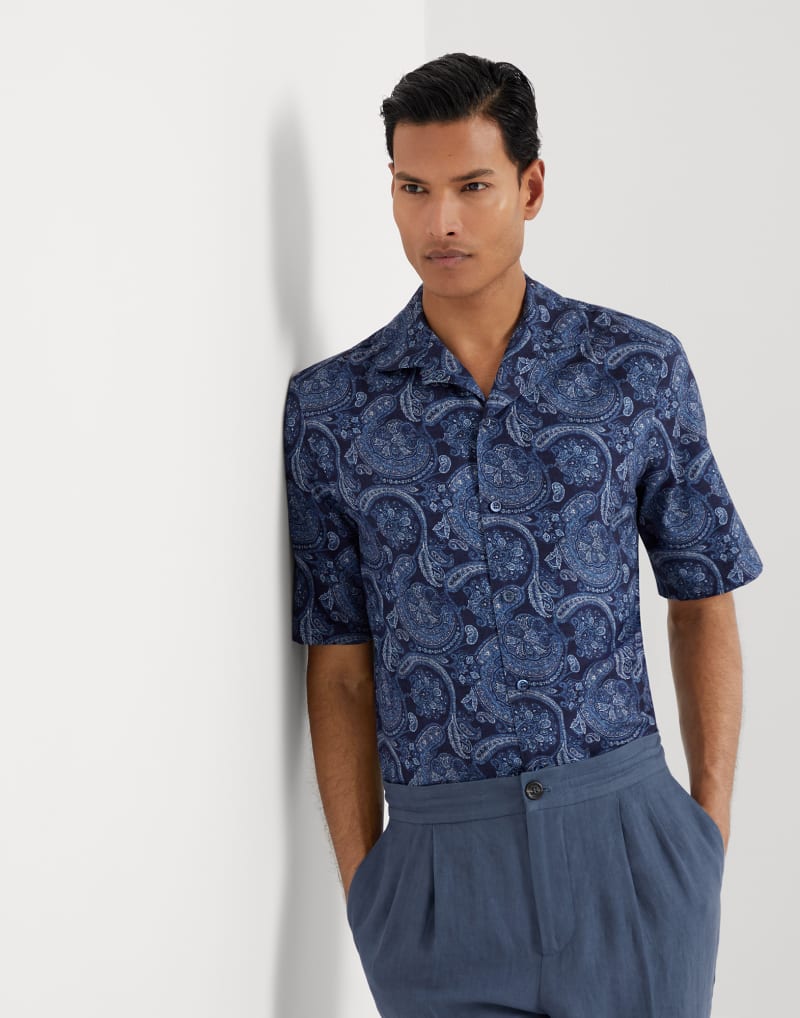 BRUNELLO CUCINELLI MEN'S NAVY PAISLEY SHORT SLEEVE SHIRT