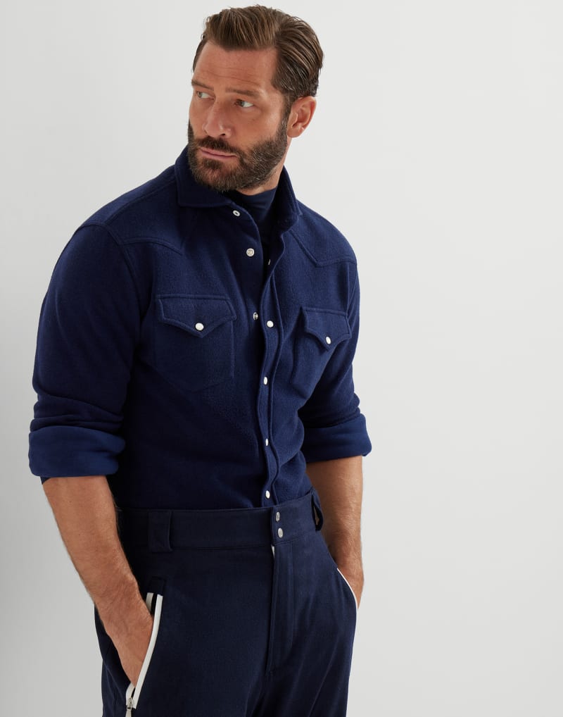 BRUNELLO CUCINELLI MEN'S NAVY WOOL BLEND WESTERN SHIRT