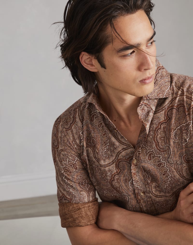 BRUNELLO CUCINELLI MEN'S BROWN PAISLEY COTTON SHIRT