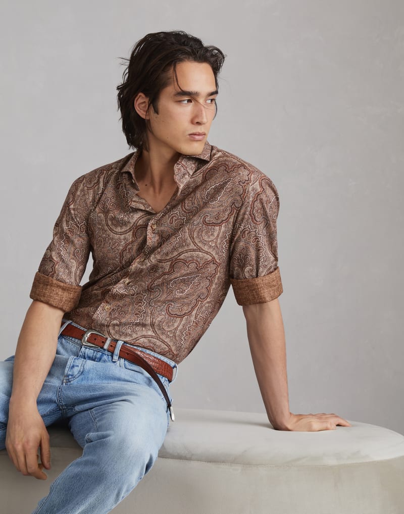 BRUNELLO CUCINELLI MEN'S BROWN PAISLEY COTTON SHIRT