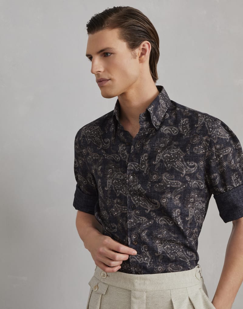 BRUNELLO CUCINELLI MEN'S ANTHRACITE PAISLEY COTTON SHIRT