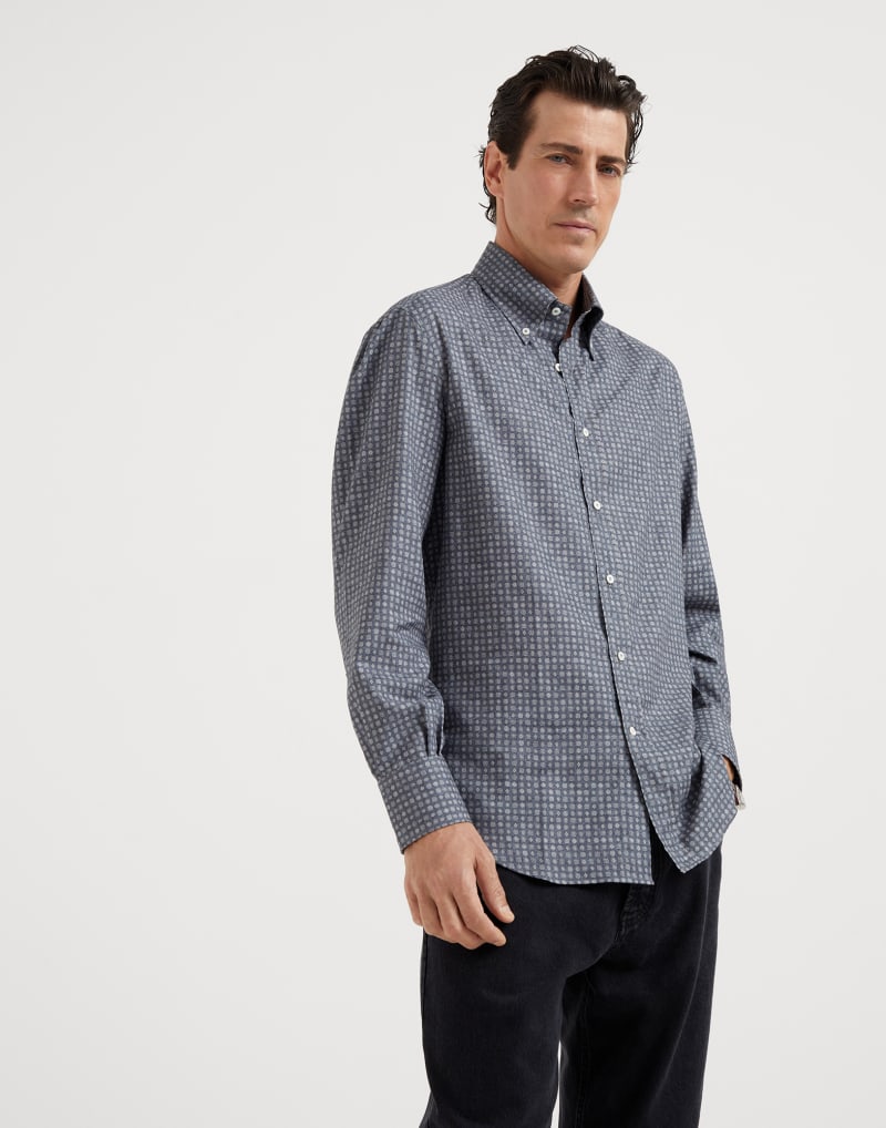 BRUNELLO CUCINELLI MEN'S DENIM PATTERNED COTTON BUTTON DOWN SHIRT
