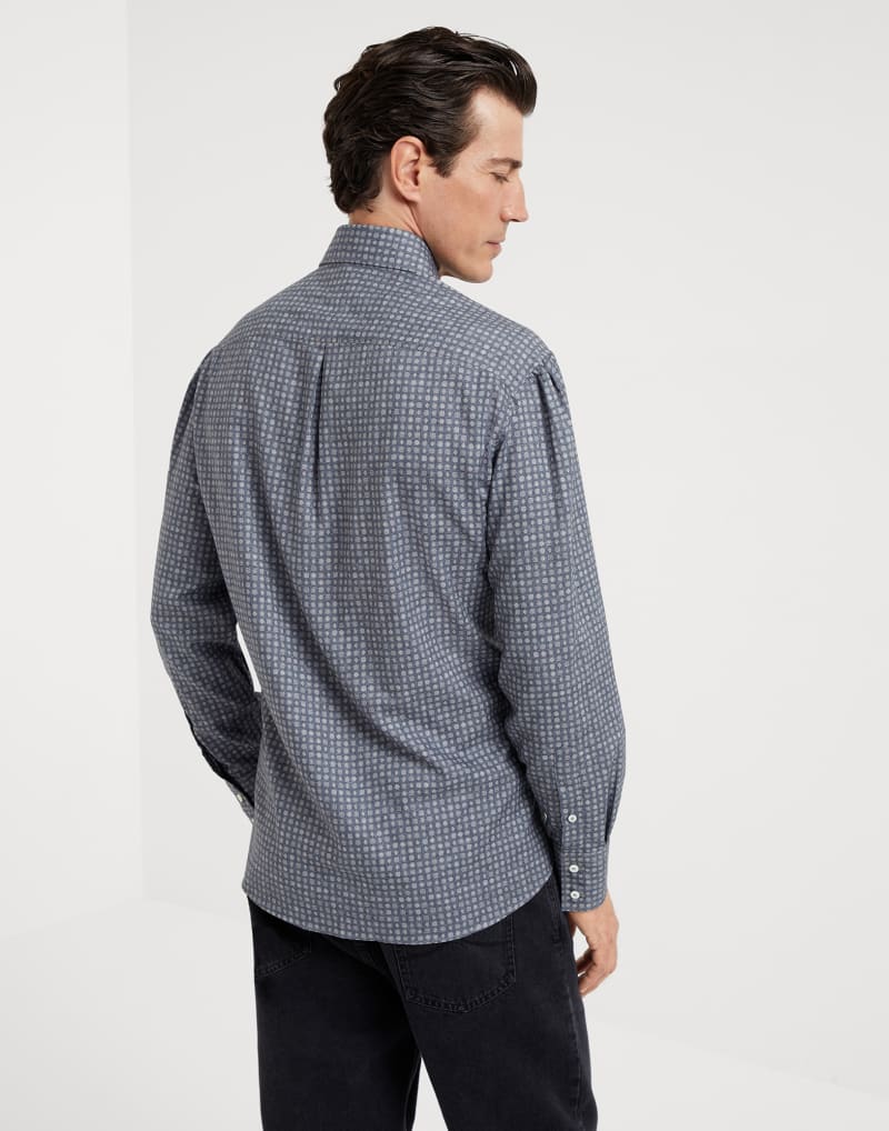 BRUNELLO CUCINELLI MEN'S DENIM PATTERNED COTTON BUTTON DOWN SHIRT