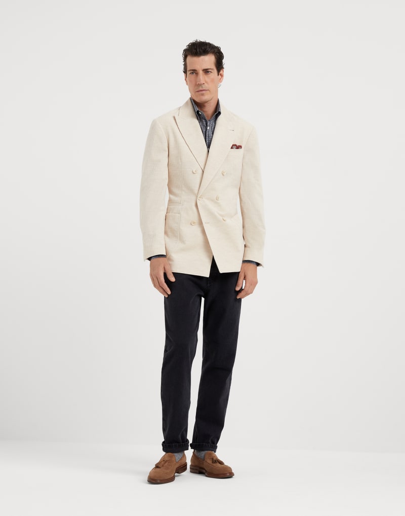 BRUNELLO CUCINELLI MEN'S DENIM PATTERNED COTTON BUTTON DOWN SHIRT