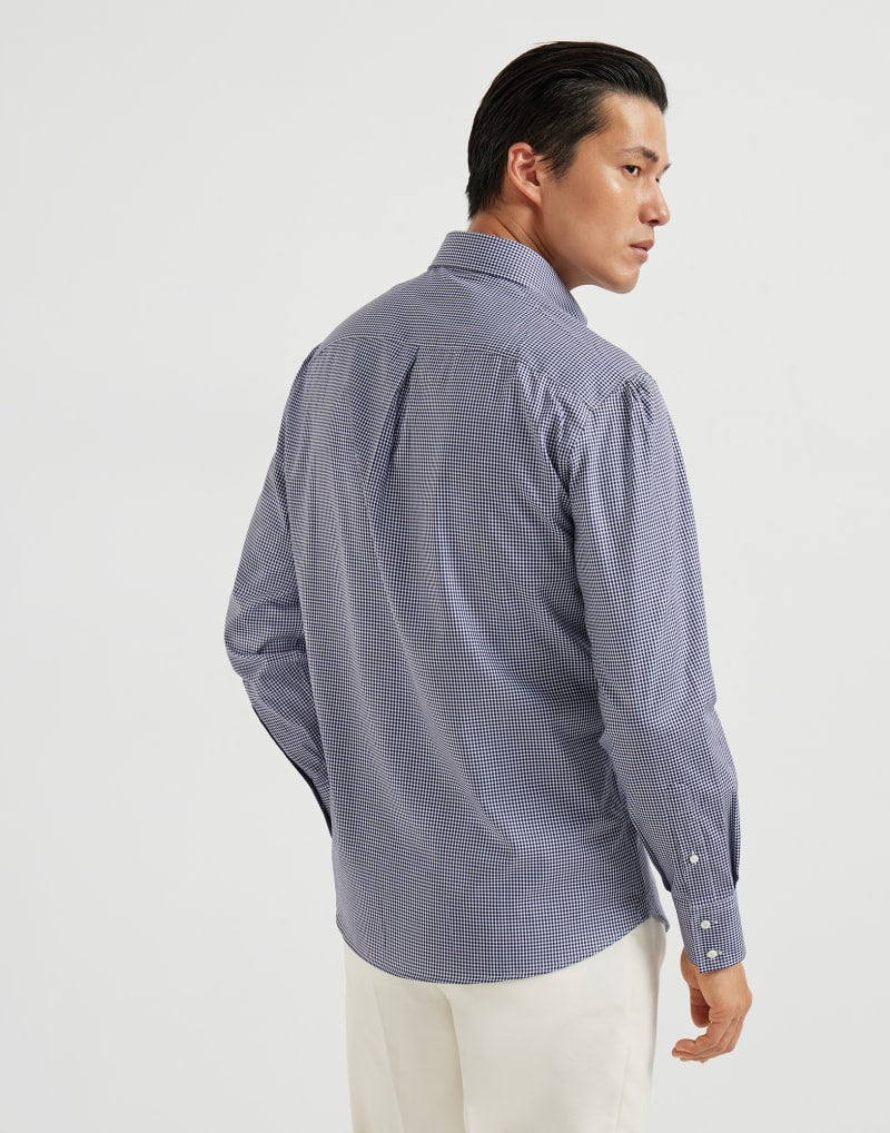 BRUNELLO CUCINELLI MEN'S BLUE COTTON CHECK BUTTON DOWN SHIRT