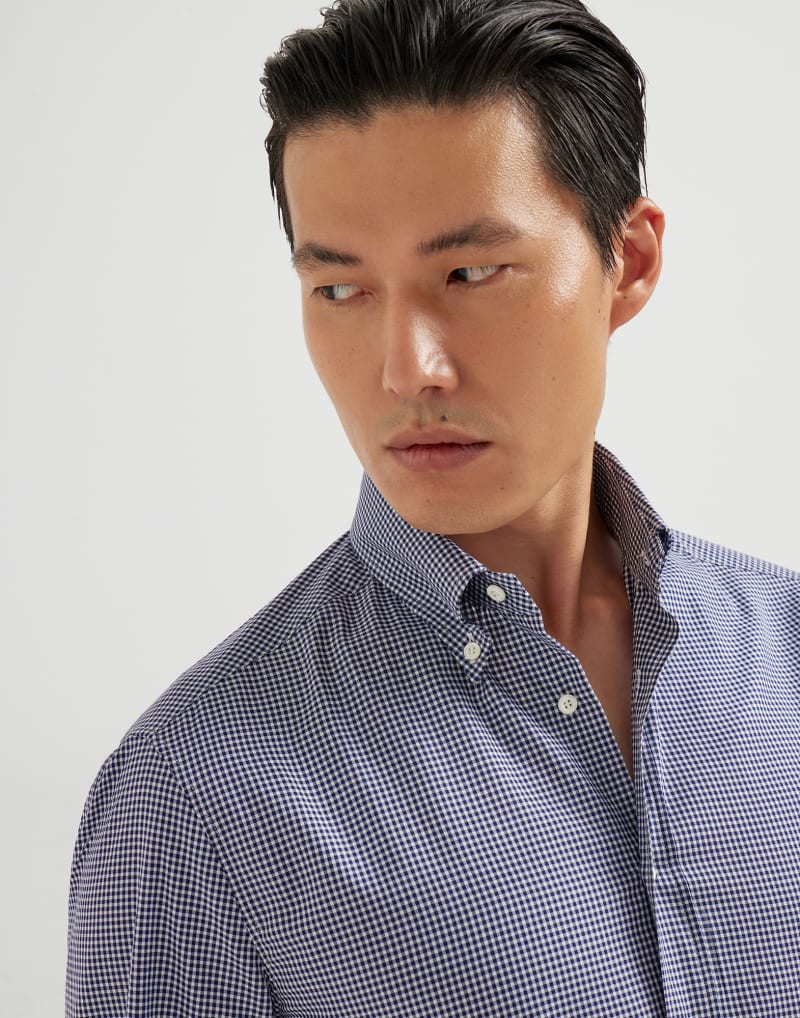 BRUNELLO CUCINELLI MEN'S BLUE COTTON CHECK BUTTON DOWN SHIRT
