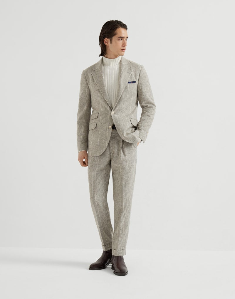 BRUNELLO CUCINELLI MEN'S ROCK SALT SILK WOOL STRIPED SUIT