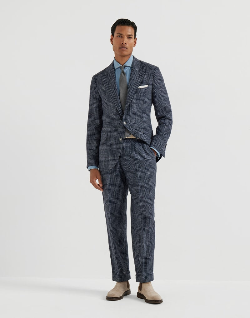 BRUNELLO CUCINELLI MEN'S DENIM WOOL SILK CHECKED SUIT