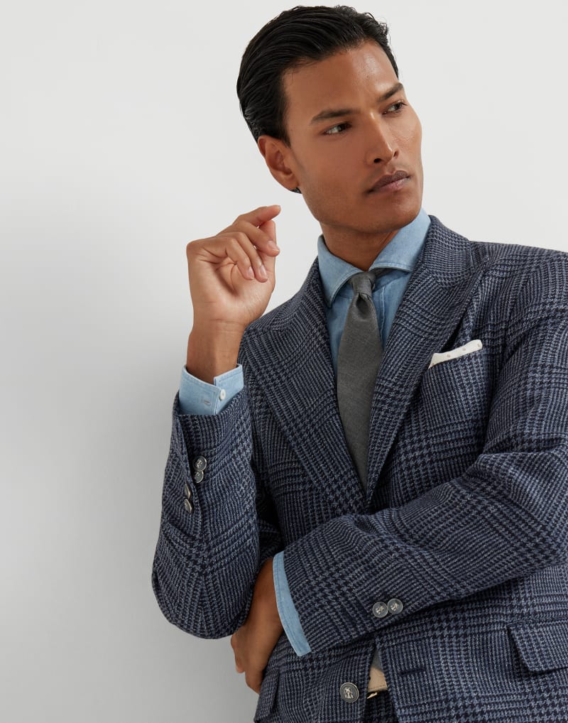 BRUNELLO CUCINELLI MEN'S DENIM WOOL SILK CHECKED SUIT