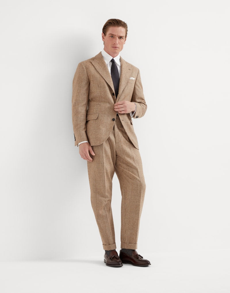 BRUNELLO CUCINELLI MEN'S BROWN WOOL BLEND CHECKED SUIT