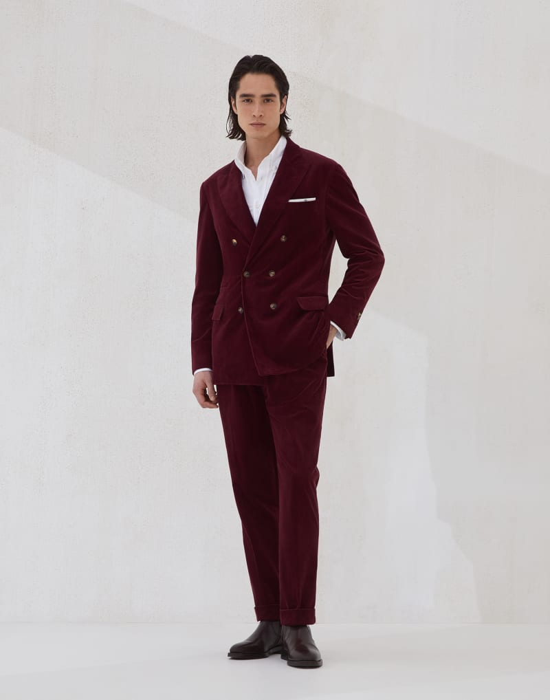 BRUNELLO CUCINELLI MEN'S AMARANTH DOUBLE BREASTED COTTON WOOL SUIT