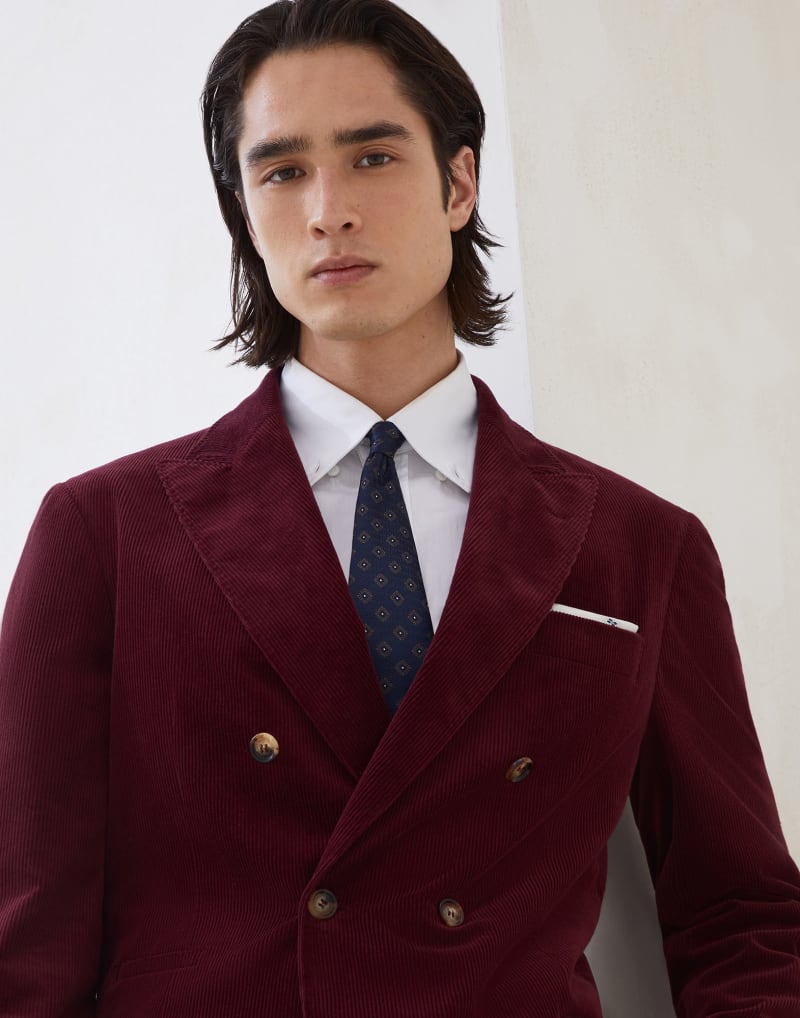 BRUNELLO CUCINELLI MEN'S AMARANTH DOUBLE BREASTED COTTON WOOL SUIT