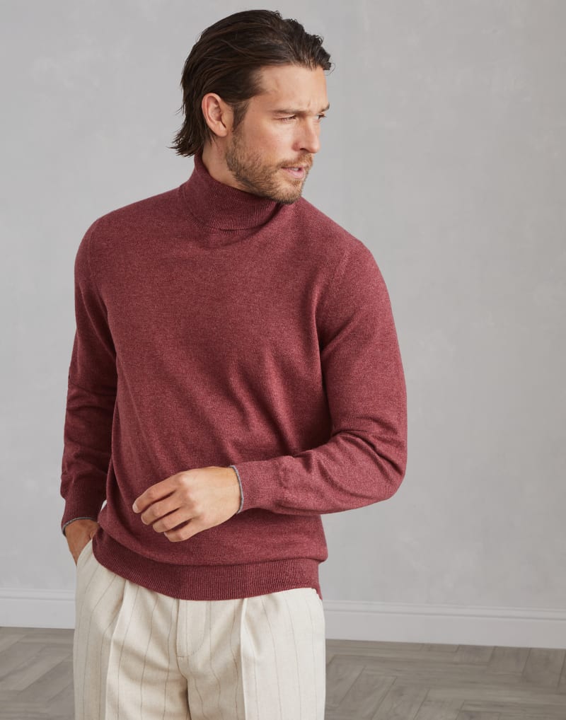 BRUNELLO CUCINELLI MEN'S BORDEAUX WOOL TURTLENECK SWEATER